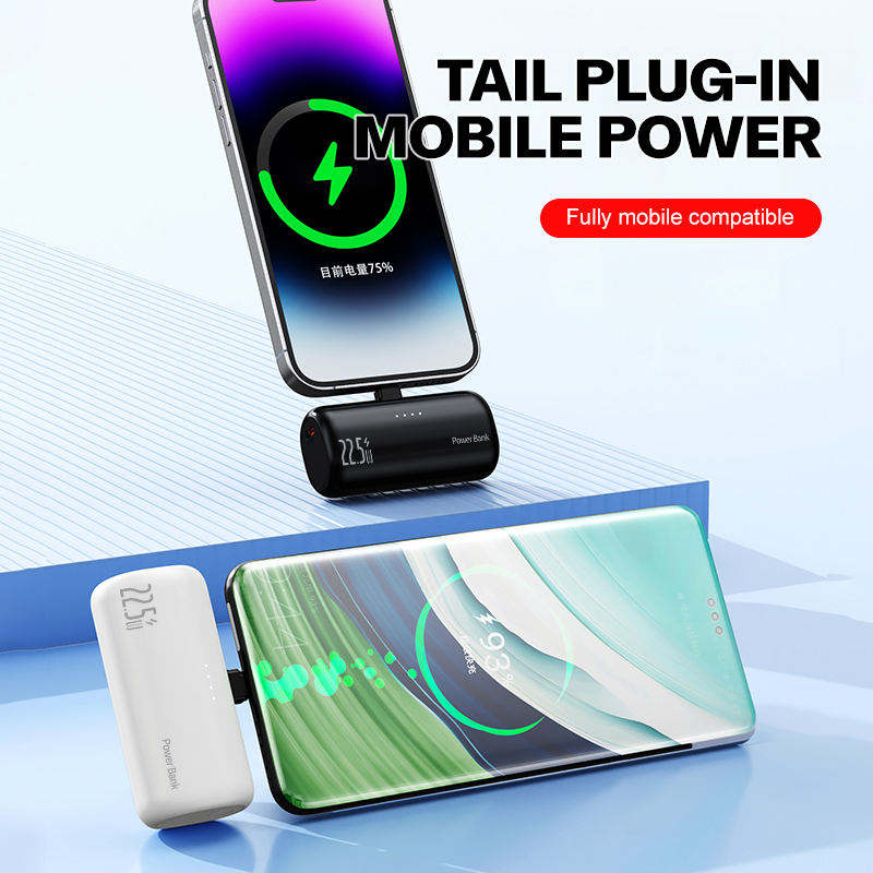 Transportabel powerbank — indbygget Lightning-stik til iPhone og USB-enheder