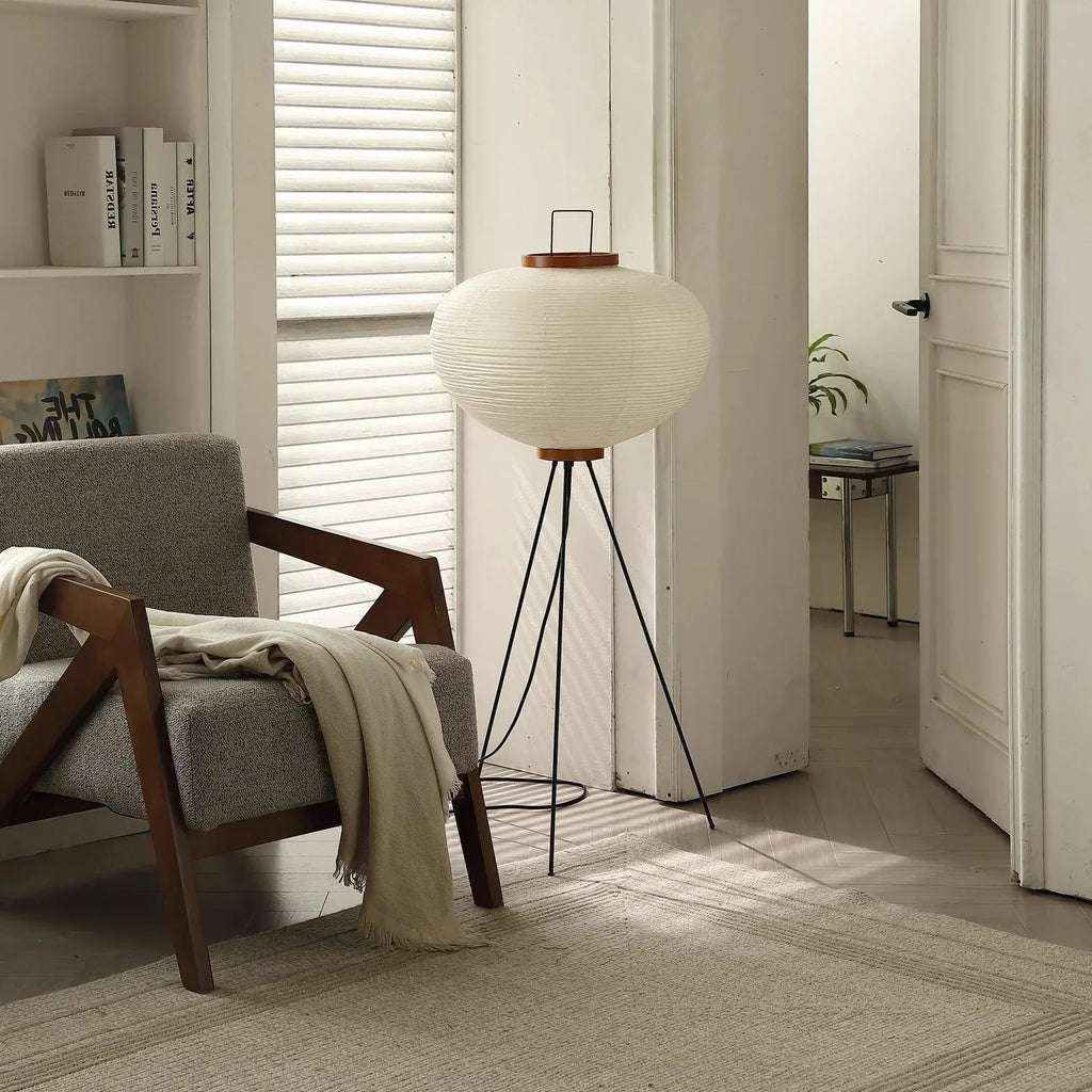 Rice Paper Floor Lamp With Sculptural Japanese Shade In Totem Or Pagoda Form For Cozy Living Rooms