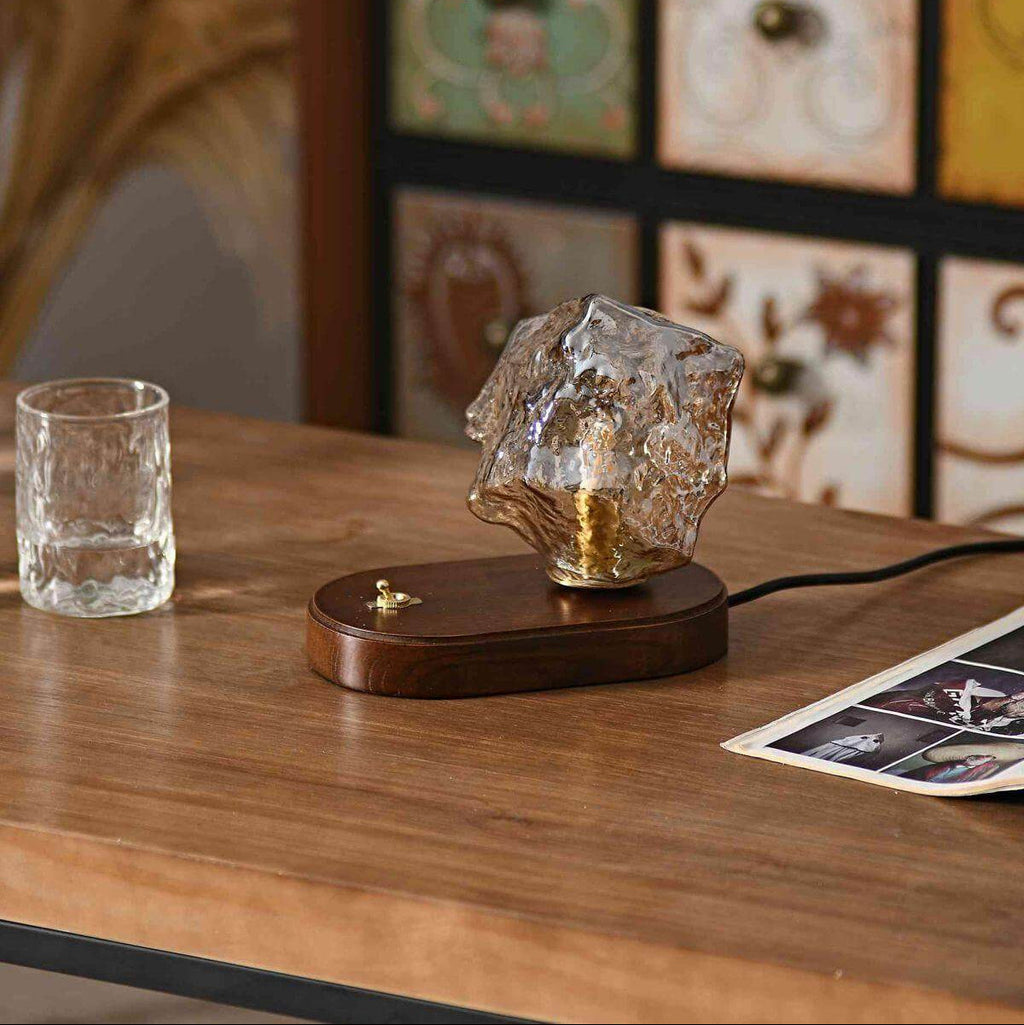Table Lamp With Organic Glass Shade And Wooden Base For Indoor Ambient Living Areas