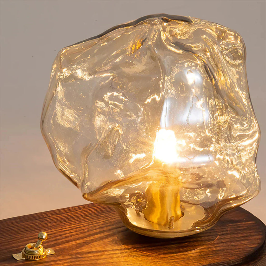 Table Lamp With Organic Glass Shade And Wooden Base For Indoor Ambient Living Areas