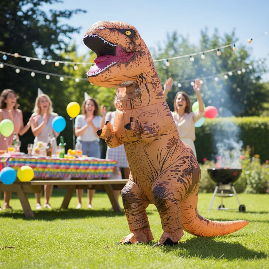 Nafukovací kostým dinosaura — vestavěný ventilátor, samonafukovací design