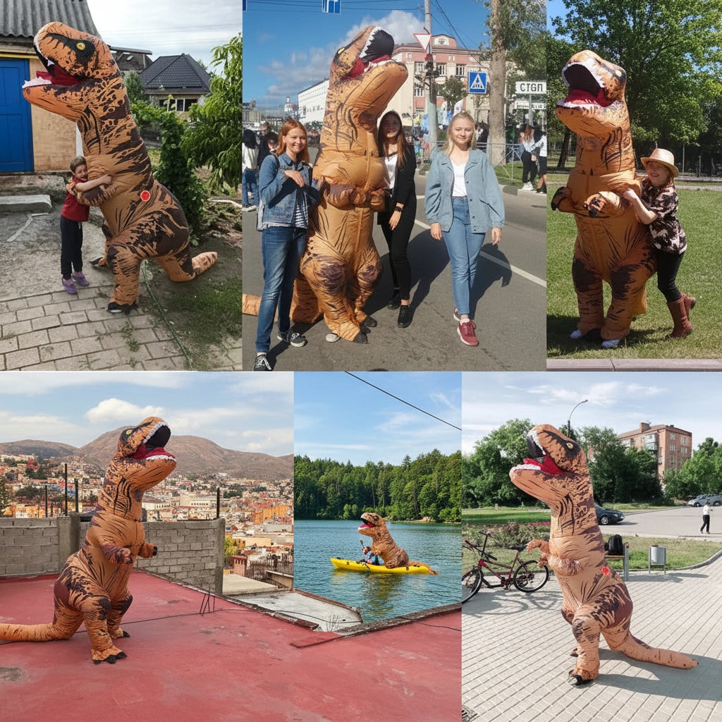 Nafukovací kostým dinosaura — vestavěný ventilátor, samonafukovací design