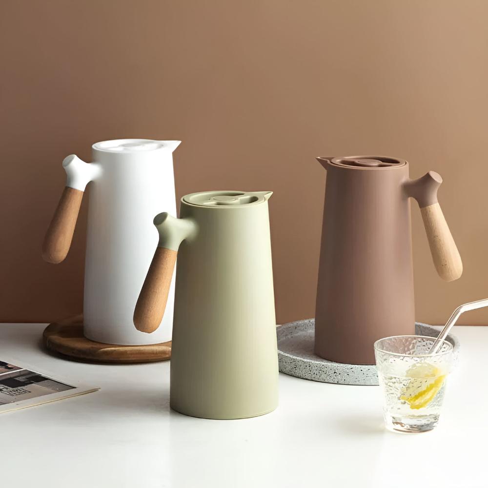1 Liter Vacuum Insulated Jug With Wooden Handle Double Walled And Push Button Thermos