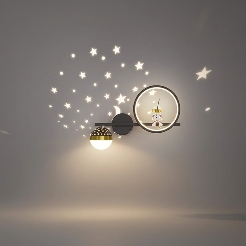 Astronaut LED Wall Light For Kids Room With Moon And Gold Stars Night Lamp