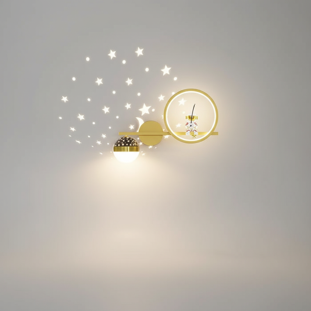 Astronaut LED Wall Light For Kids Room With Moon And Gold Stars Night Lamp