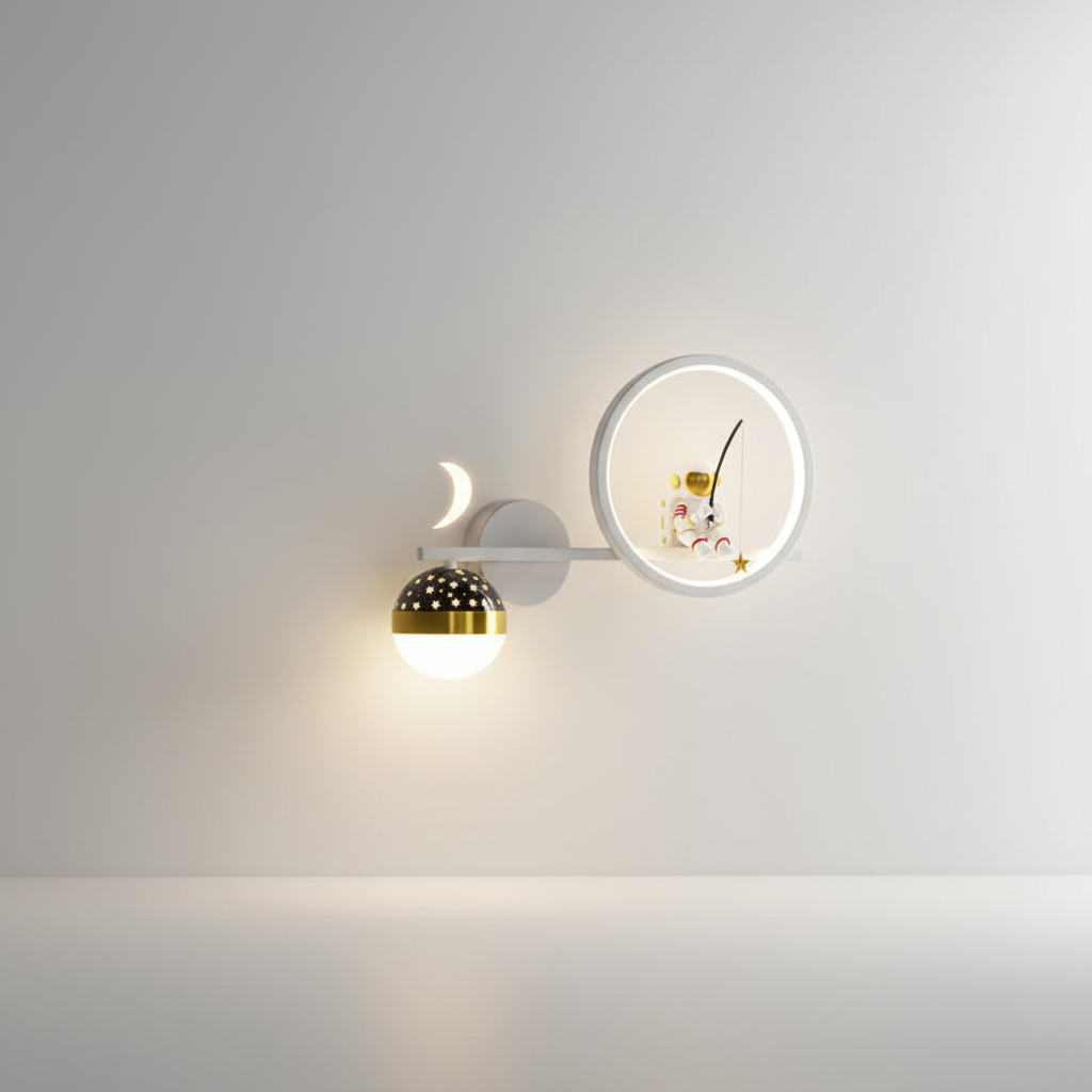 Astronaut LED Wall Light For Kids Room With Moon And Gold Stars Night Lamp