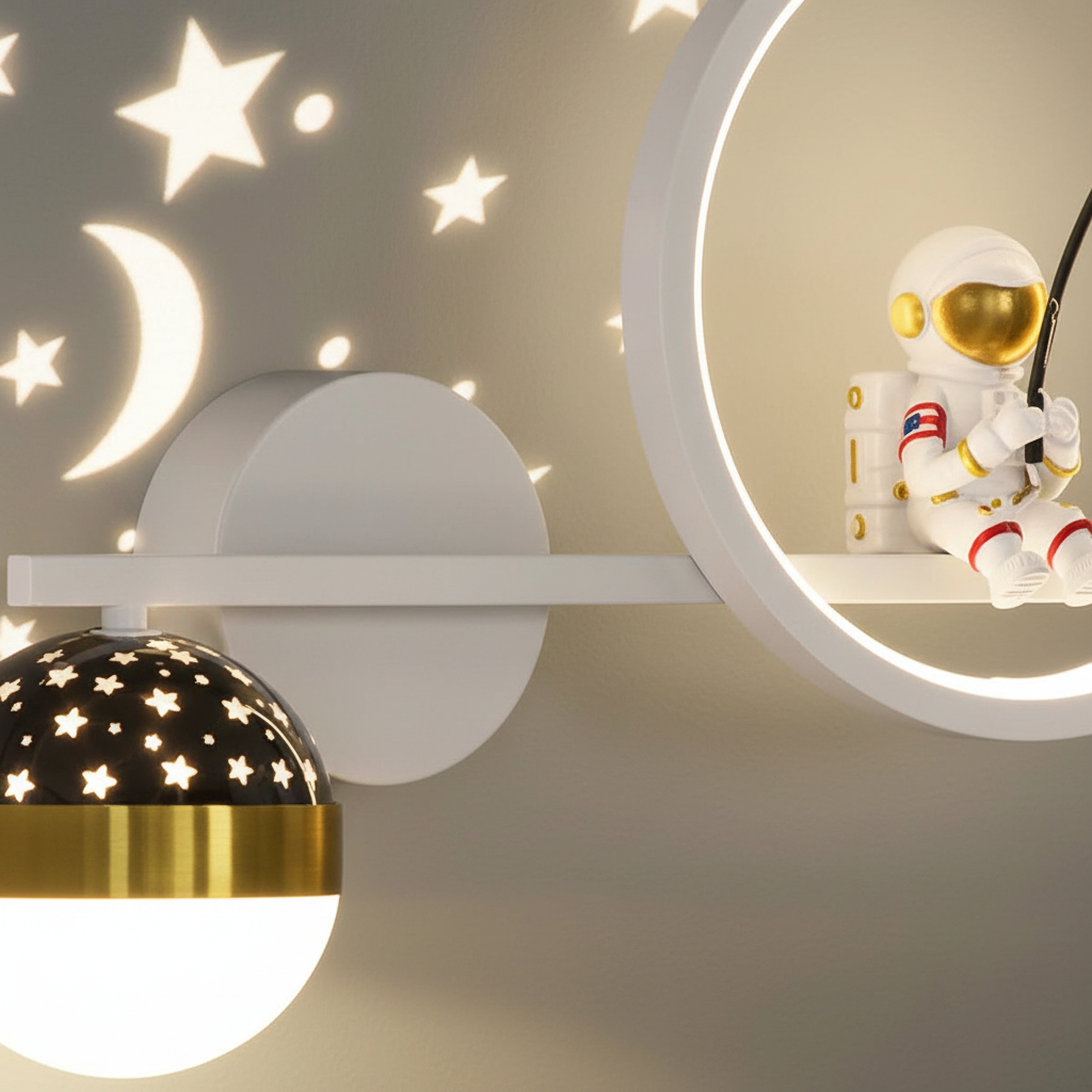 Astronaut LED Wall Light For Kids Room With Moon And Gold Stars Night Lamp