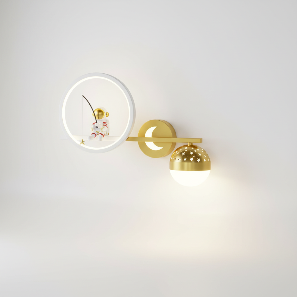Astronaut LED Wall Light For Kids Room With Moon And Gold Stars Night Lamp