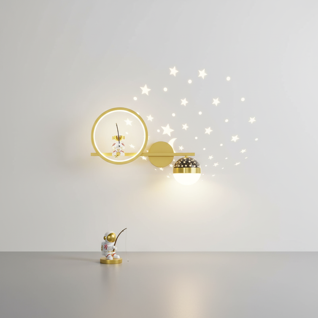 Astronaut LED Wall Light For Kids Room With Moon And Gold Stars Night Lamp