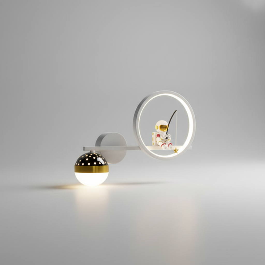 Astronaut LED Wall Light For Kids Room With Moon And Gold Stars Night Lamp