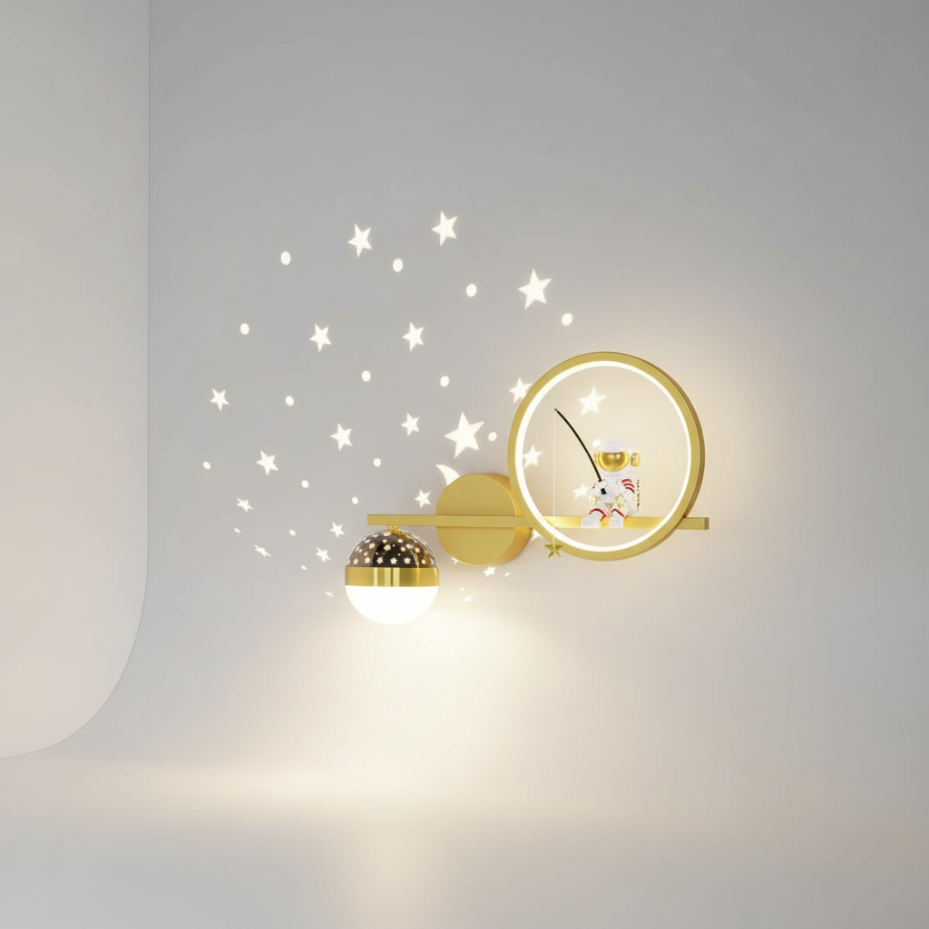 Astronaut LED Wall Light For Kids Room With Moon And Gold Stars Night Lamp