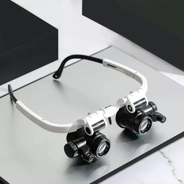 Justerbare LED-forstørrelsesbriller med hovedbånd — 8–23× forstørrelse, integreret LED-belysning