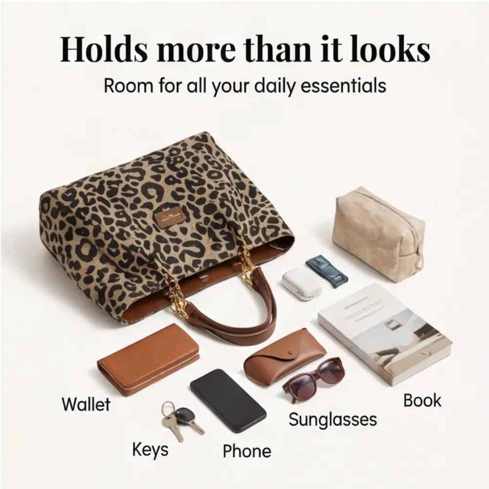 Bolso tote de lona con estampado de leopardo — Asas de cadena dorada y patrón marrón y negro