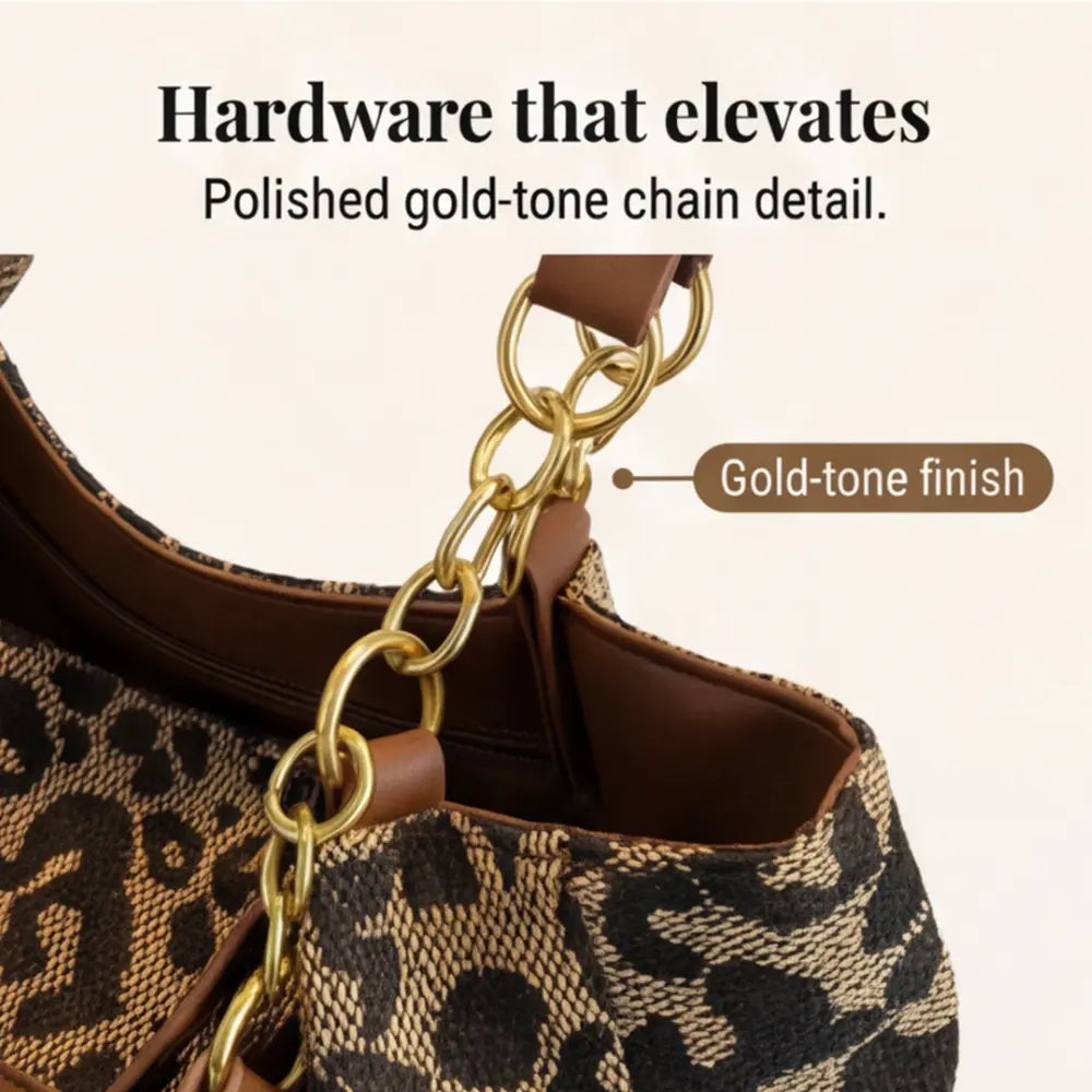 Bolso tote de lona con estampado de leopardo — Asas de cadena dorada y patrón marrón y negro