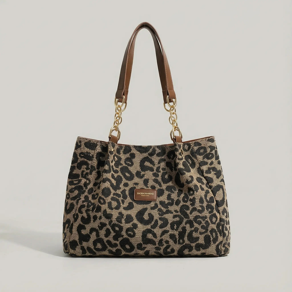 Bolso tote de lona con estampado de leopardo — Asas de cadena dorada y patrón marrón y negro