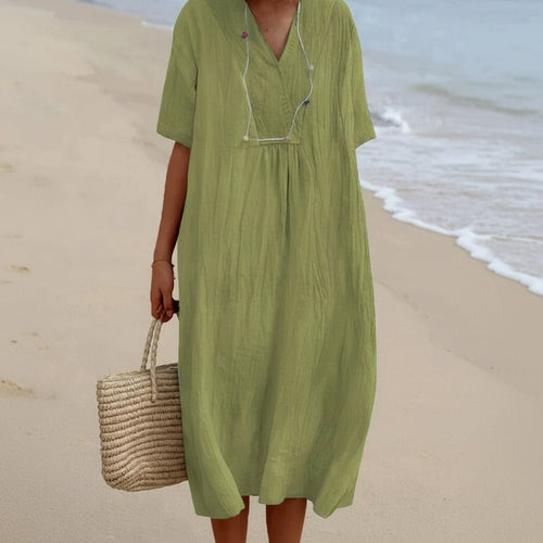Aeris Cotton Linen A-Line Summer Dress — V-Neck Detail