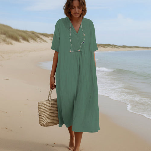 Breathable A-Line Summer Dress With Pockets And V-Neck For Women