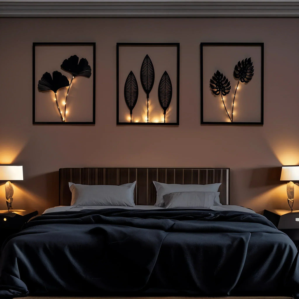 Three-Piece LED Photo Frame Set With Faux Plant In Black Metal Mood Lighting