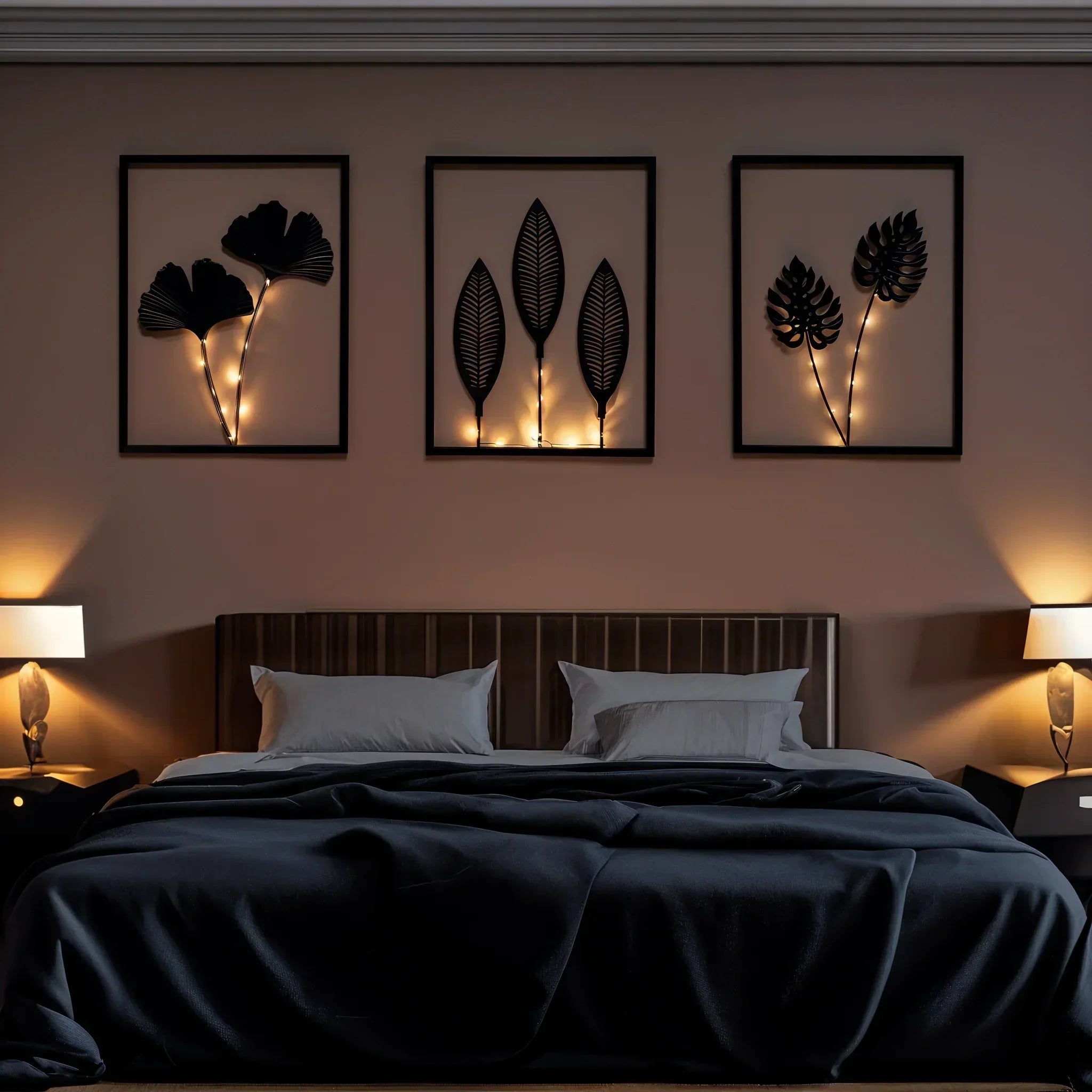 Three-Piece LED Photo Frame Set With Faux Plant In Black Metal Mood Lighting