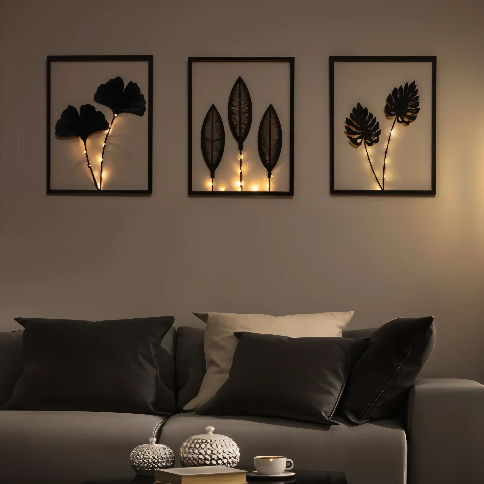Three-Piece LED Photo Frame Set With Faux Plant In Black Metal Mood Lighting