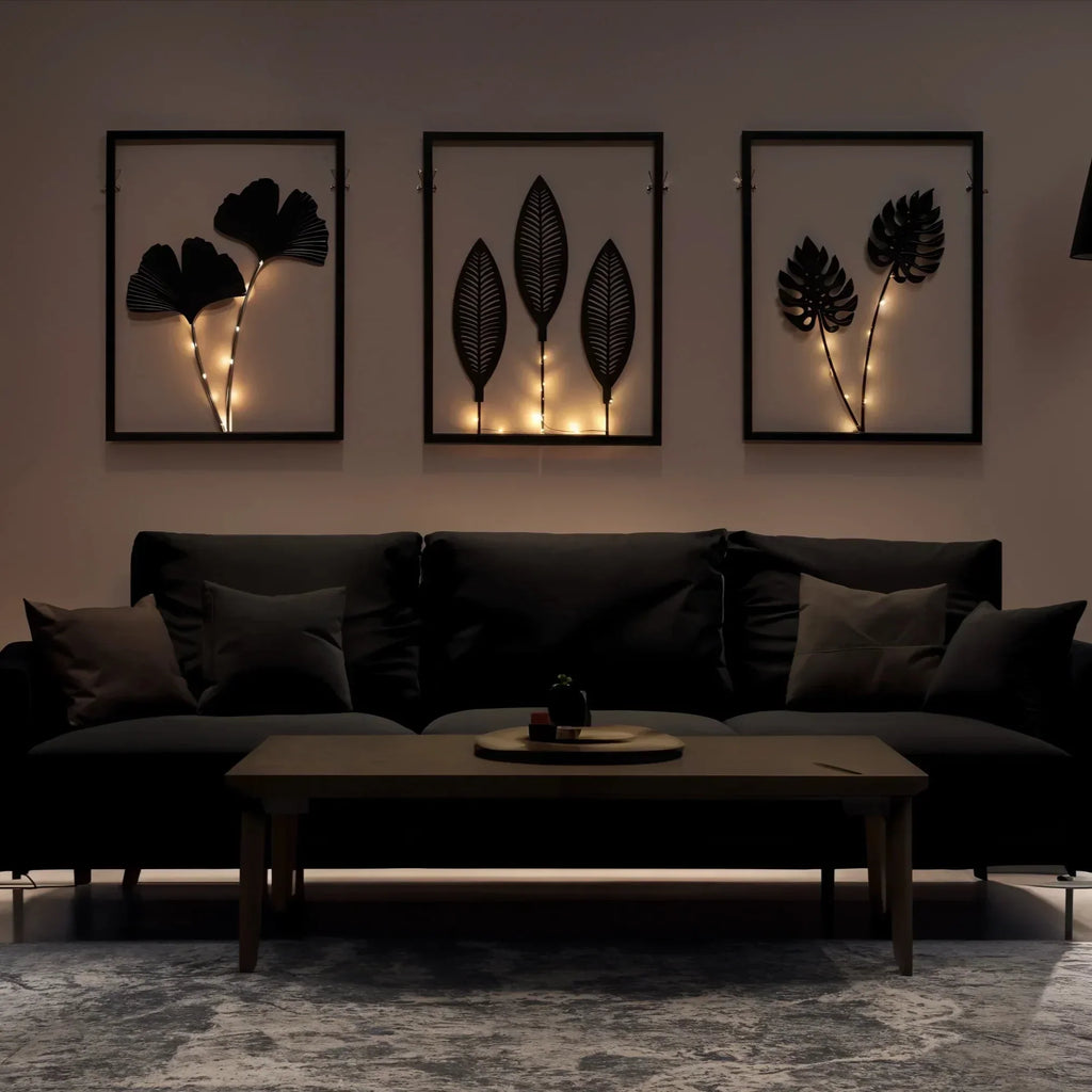 Three-Piece LED Photo Frame Set With Faux Plant In Black Metal Mood Lighting