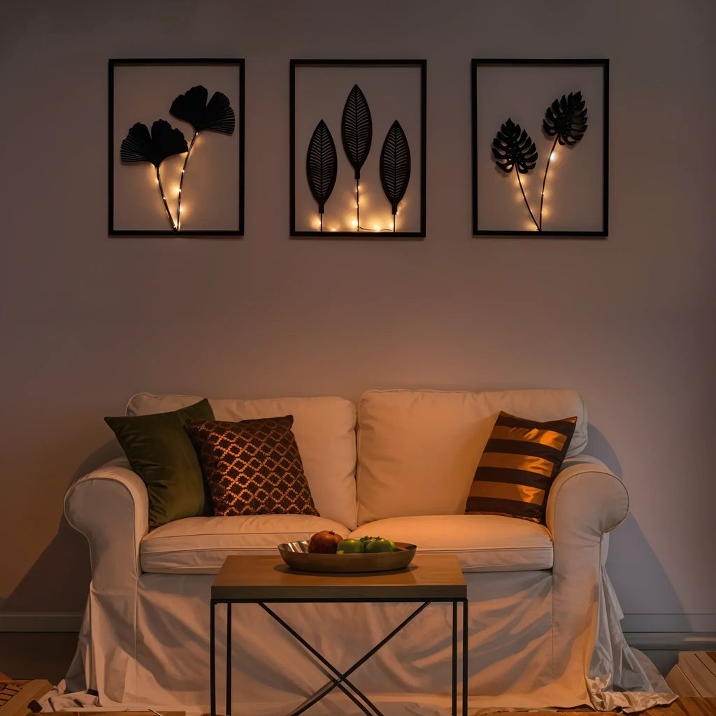Three-Piece LED Photo Frame Set With Faux Plant In Black Metal Mood Lighting