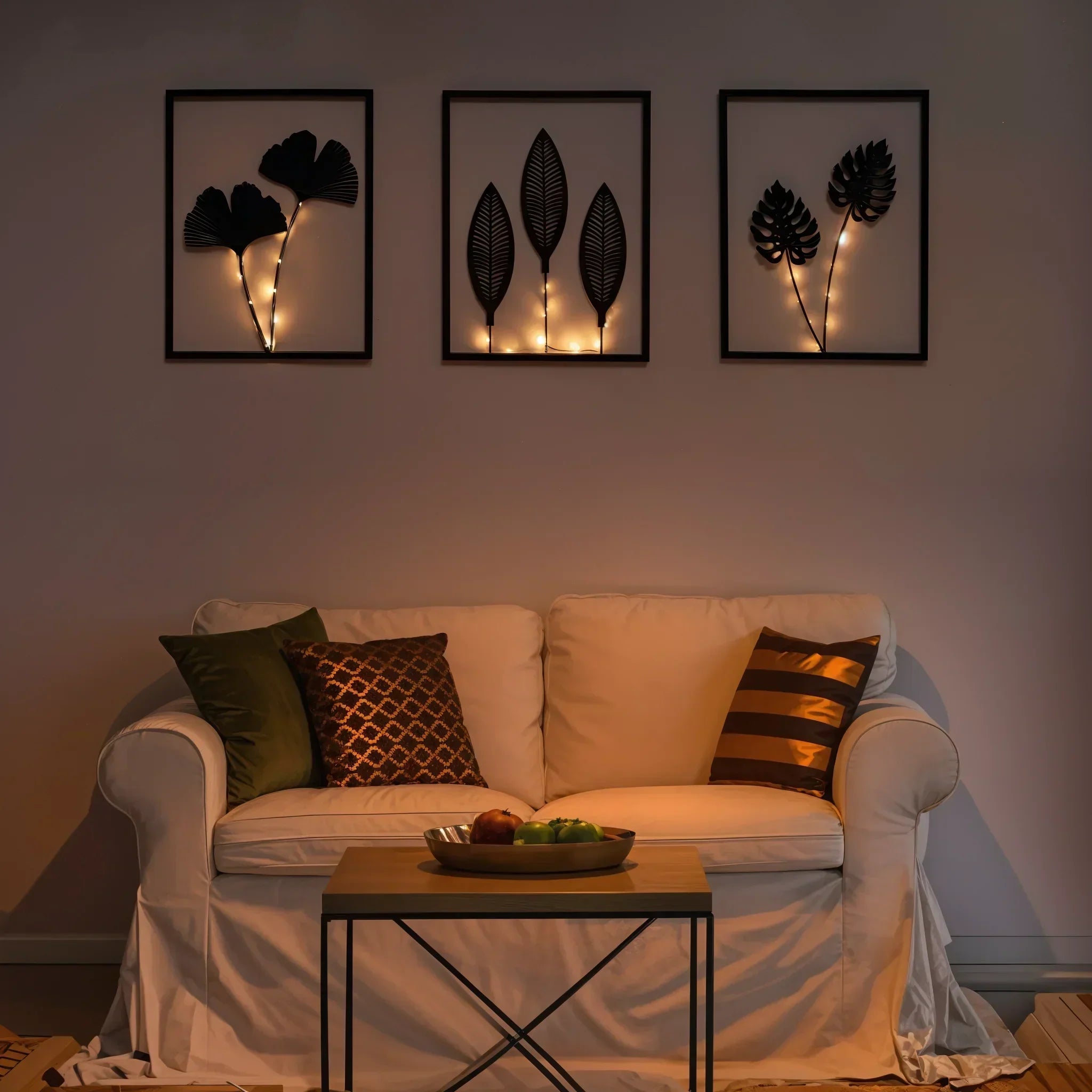 Three-Piece LED Photo Frame Set With Faux Plant In Black Metal Mood Lighting