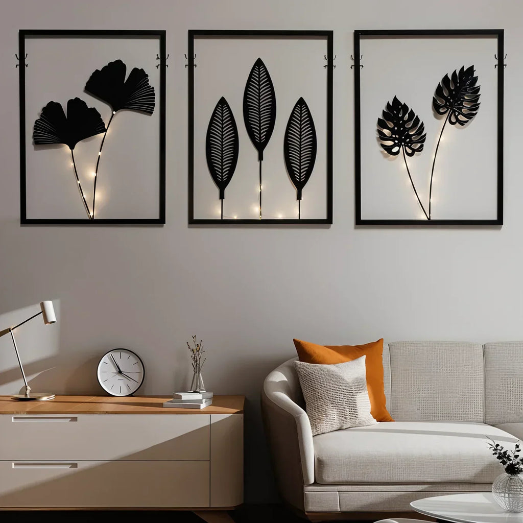 Three-Piece LED Photo Frame Set With Faux Plant In Black Metal Mood Lighting