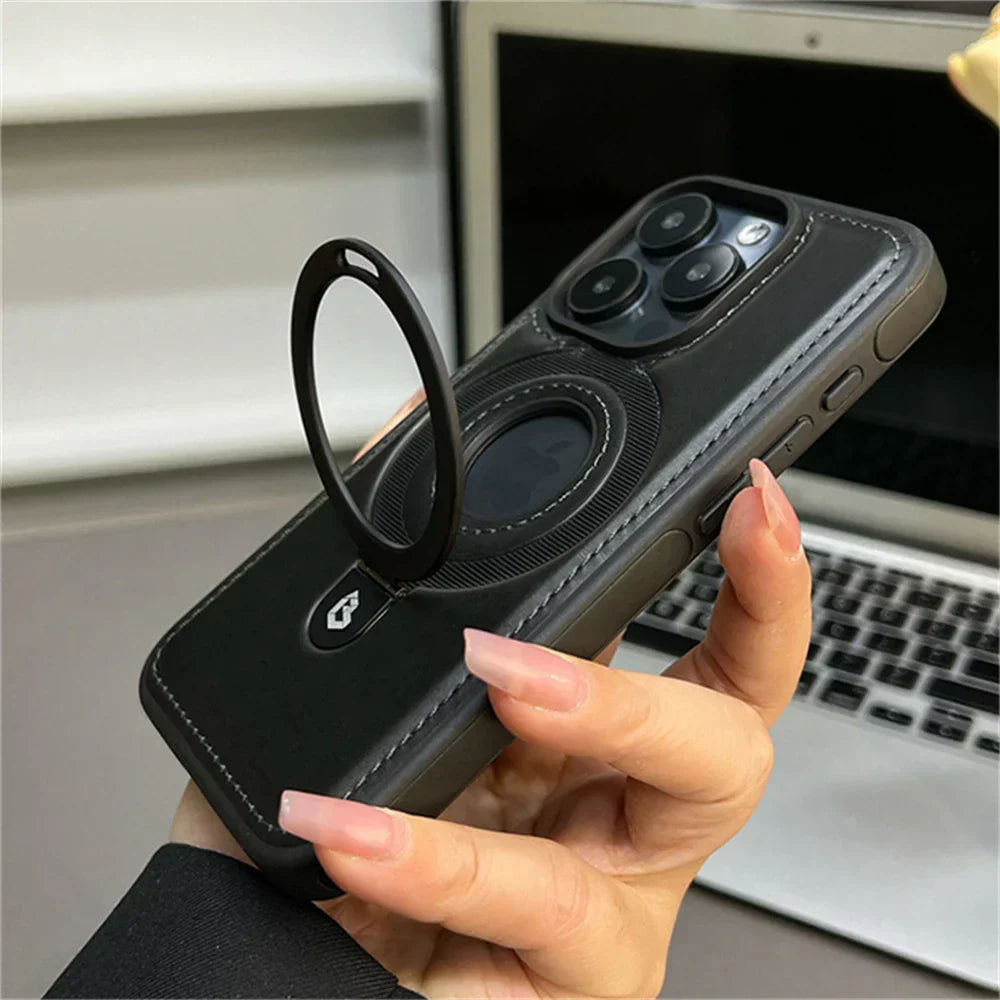 Prémiové kožené pouzdro kompatibilní s MagSafe — výklopný prstencový stojánek