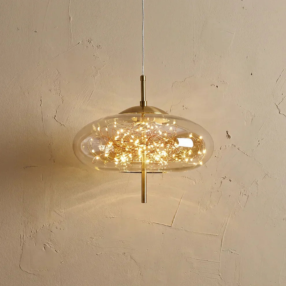 Ceiling Pendant Light With Glass Cylinder And Oval Shade For Ambient Illumination