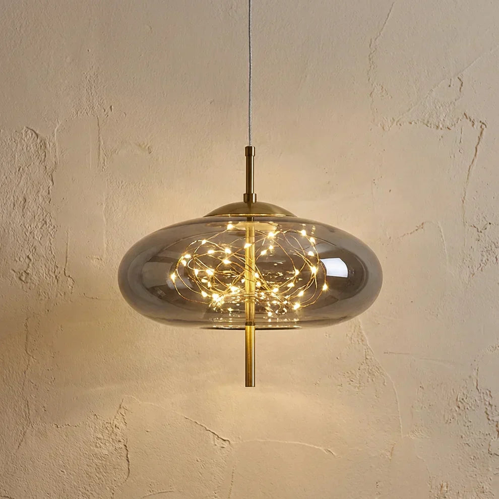Ceiling Pendant Light With Glass Cylinder And Oval Shade For Ambient Illumination