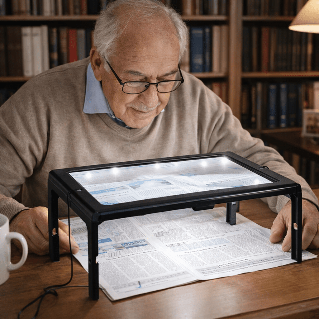 LuminaDesk Collapsible 3x Table Magnifier — Integrated LED Lighting & Foldable Base