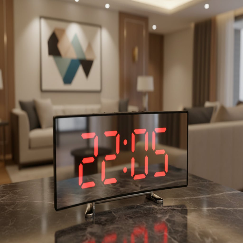QuietGlow néma LED-es tükörébresztőóra — ívelt felület, idő és hőmérséklet