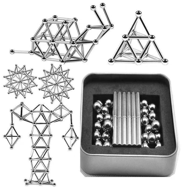 Magnetická stavebnice — modulární tyčinky, kuličky a geometrické díly