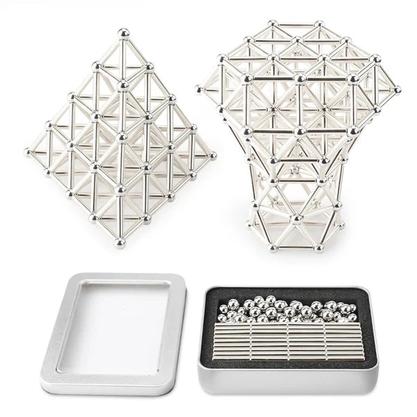 Magnetická stavebnice — modulární tyčinky, kuličky a geometrické díly