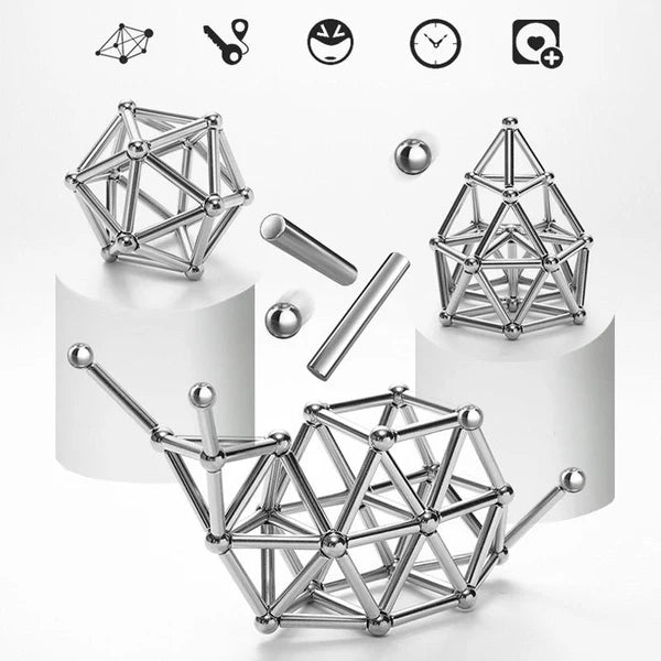 Magnetická stavebnice — modulární tyčinky, kuličky a geometrické díly