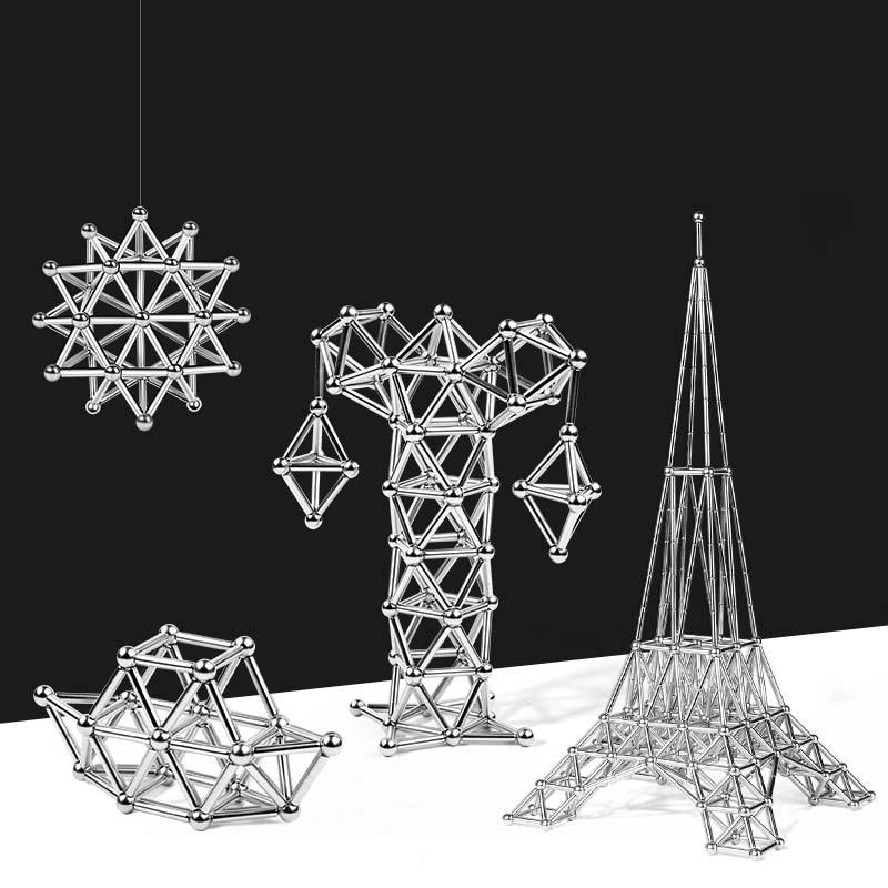 Magnetická stavebnice — modulární tyčinky, kuličky a geometrické díly