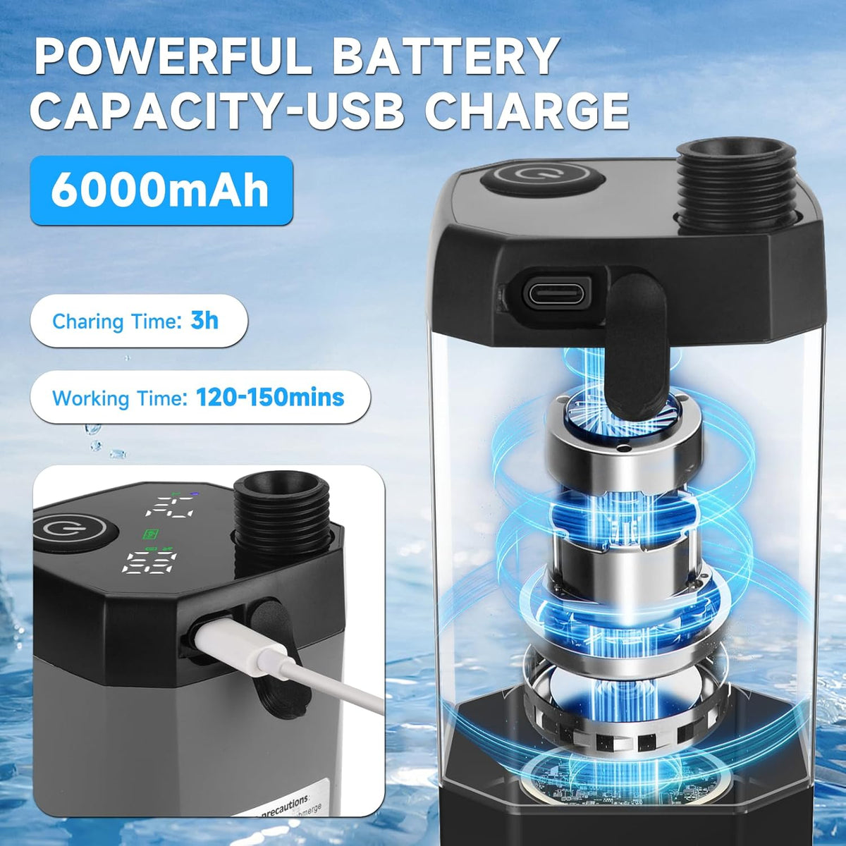 AQUAFLOWXポータブルキャンプ用シャワーポンプ - デジタル表示、吐水量調節可能