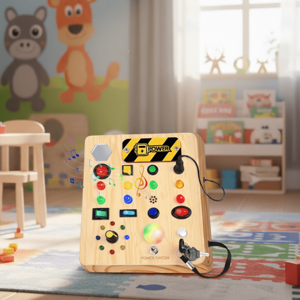 LumaLearn Montessori-busyboard – praktiske kontroller, innebygd musikk og LED-lys