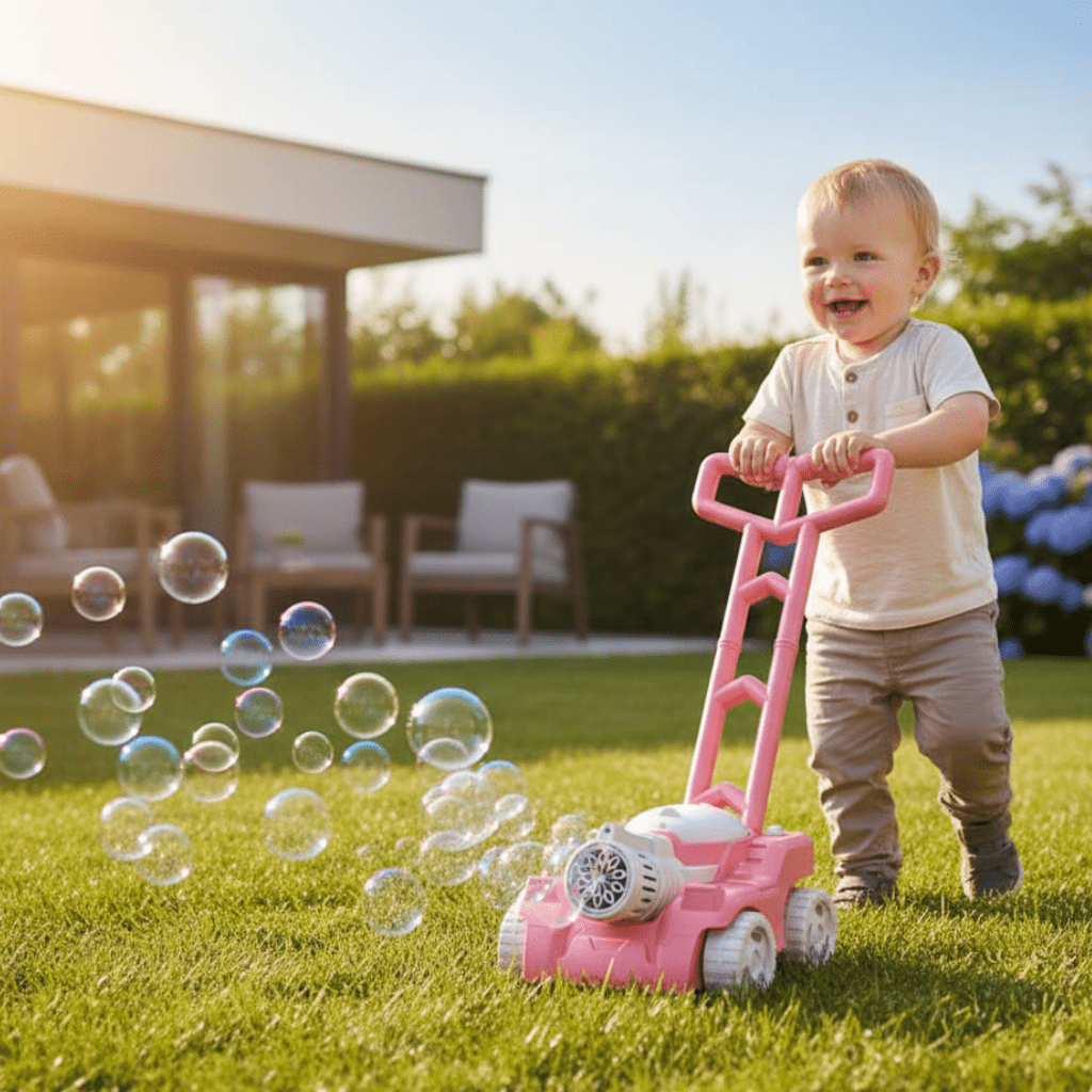 BubblePlay corta-relva de brincar colorido com bolhas de sabão, ativado ao empurrar