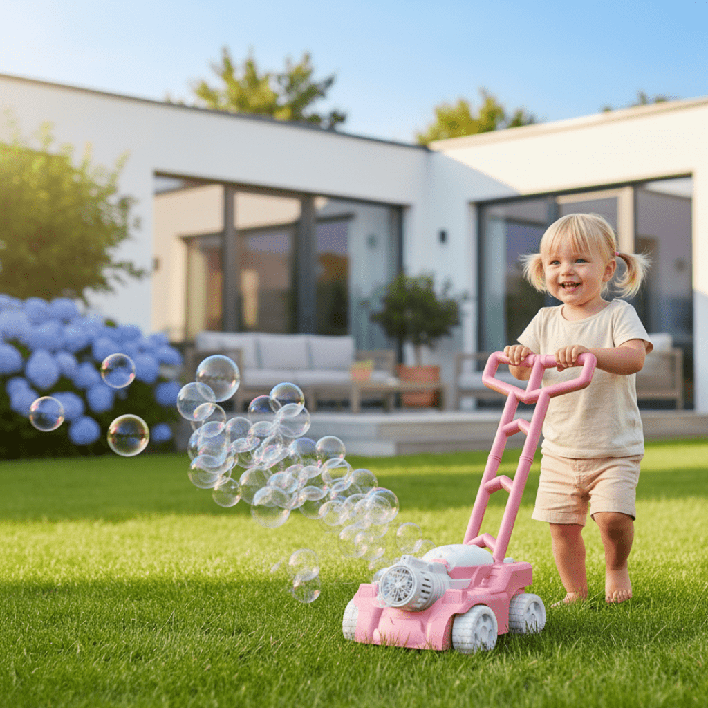 BubblePlay corta-relva de brincar colorido com bolhas de sabão, ativado ao empurrar