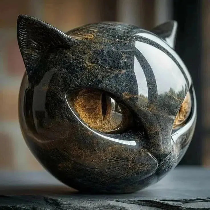 Marmorskulptur einer schwarzen Katze — bernsteinfarbene Augen, eleganter dekorativer Akzent