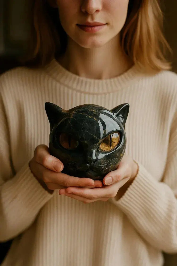 Marmorskulptur einer schwarzen Katze — bernsteinfarbene Augen, eleganter dekorativer Akzent
