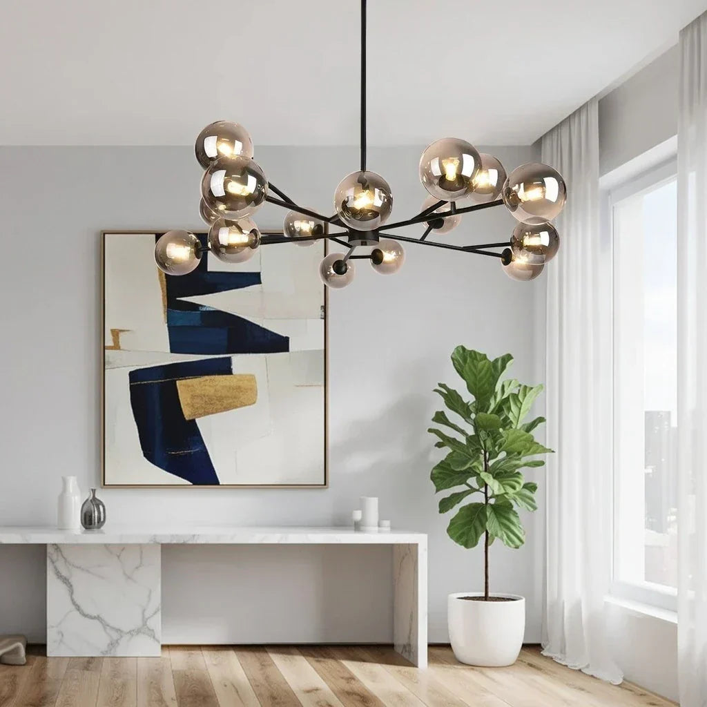 Fifteen Light Glass Bubble Mid Century Chandelier For Dining Rooms And Living Areas