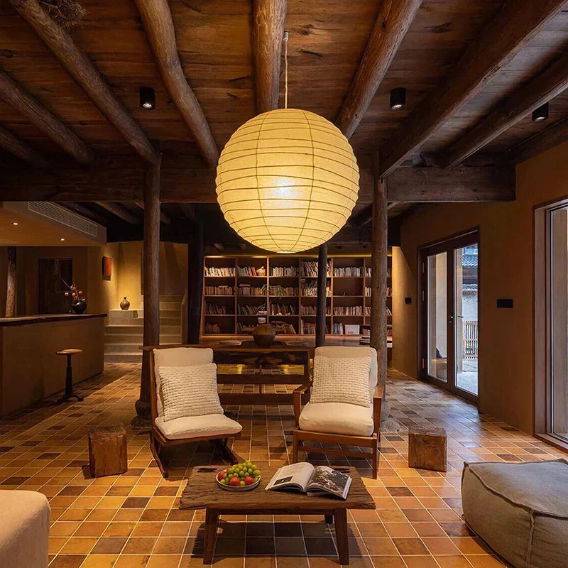 Indoor Ceiling Light Pendant With Rice Paper Sphere Shade For Elegant Home Interiors In Living Rooms And Entryways