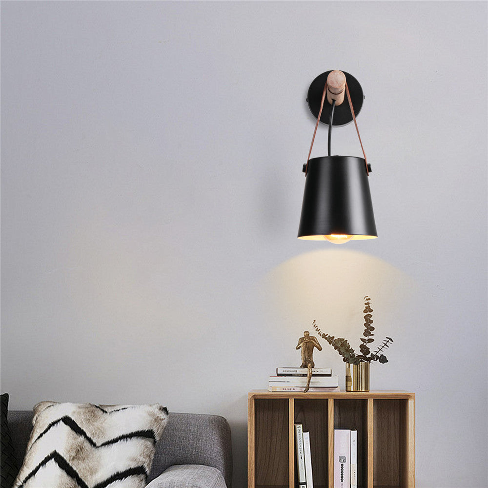 Industrial Wall Lamp With Cone Shade Wood Rod And Leather Strap E27