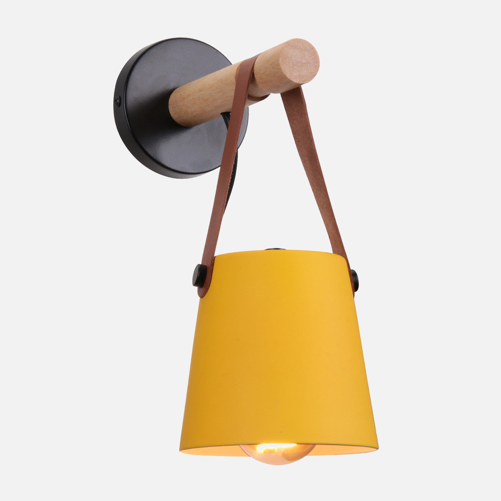 Industrial Wall Lamp With Cone Shade Wood Rod And Leather Strap E27