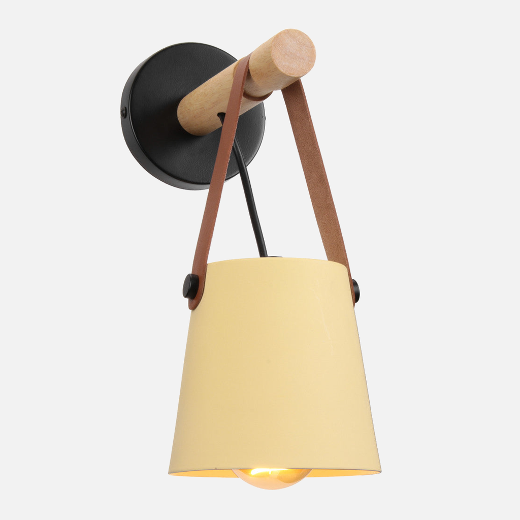 Industrial Wall Lamp With Cone Shade Wood Rod And Leather Strap E27