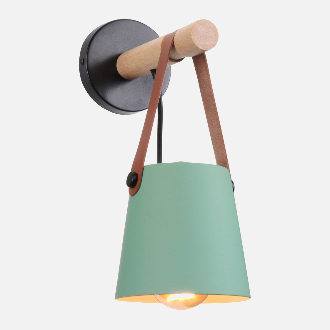 Industrial Wall Lamp With Cone Shade Wood Rod And Leather Strap E27