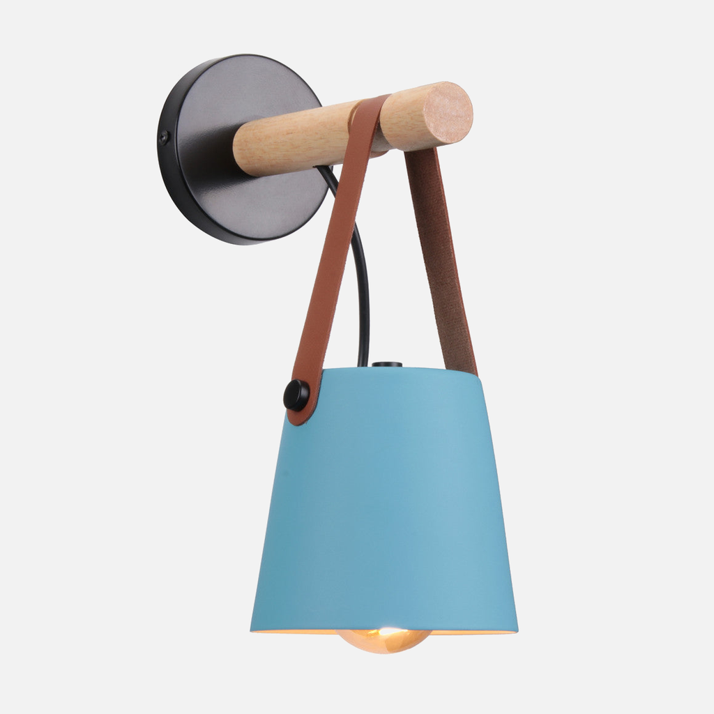 Industrial Wall Lamp With Cone Shade Wood Rod And Leather Strap E27